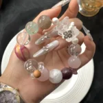 High end customized snowflake ghost white crystal green fluorite lacquer bead purple lithium mica backbone powder crystal 16mm